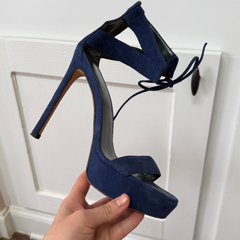 Stuart Weitzman Blue Suede Platform Heels 7.5 Made in Spain Lace-Up Stiletto